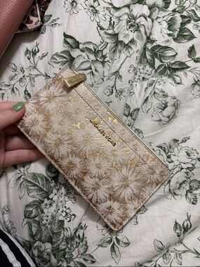 Michael Kors Cream and Gold Floral Zip Card Wallet